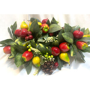 Vintage Plastic Wreath Centerpiece Candle Holder Fall Apples Pinecones